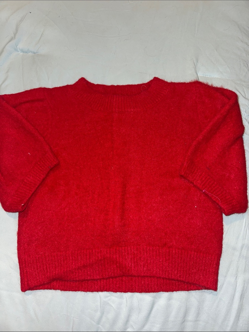 Red Fuzzy Crewneck Sweater with Ribbed Trim